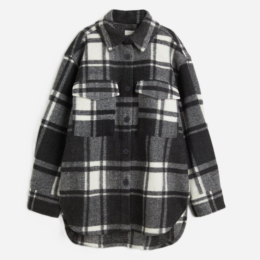H&M Oversized Shirt Jacket Light Black/Gray/White Plaid – Size XXL
